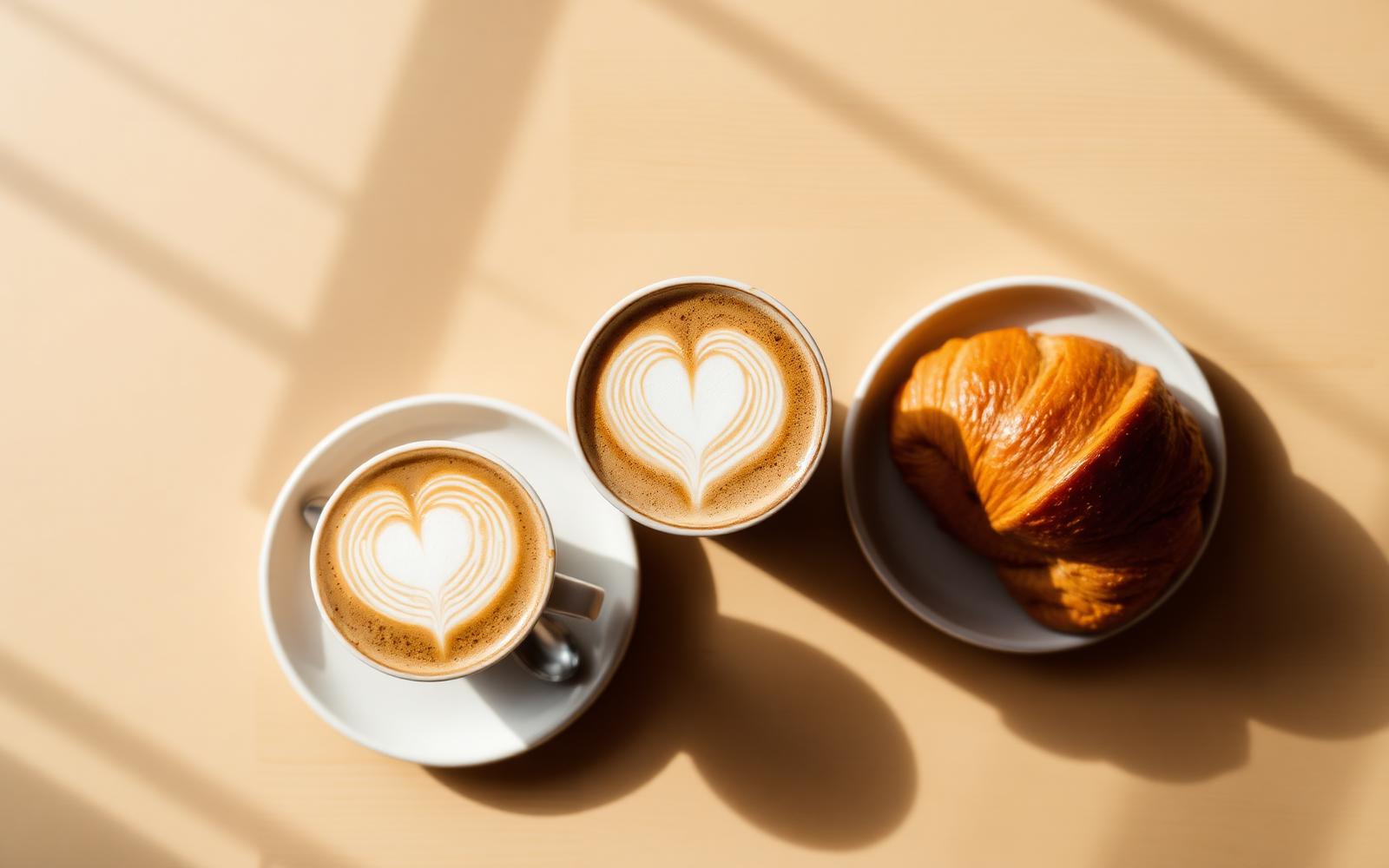 Café latte art y croissant recién horneado